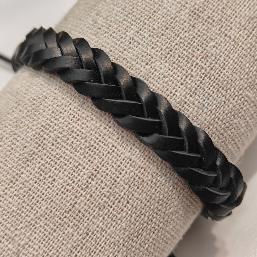 Mens Braided Black Faux Leather Bracelet Adjustable Sliding Knot Woven Wristband